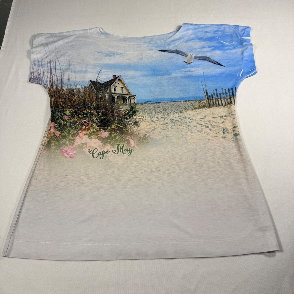 Artisans Cape May Beach Souvenir Graphic Top XL Blue White All Over Print Tee